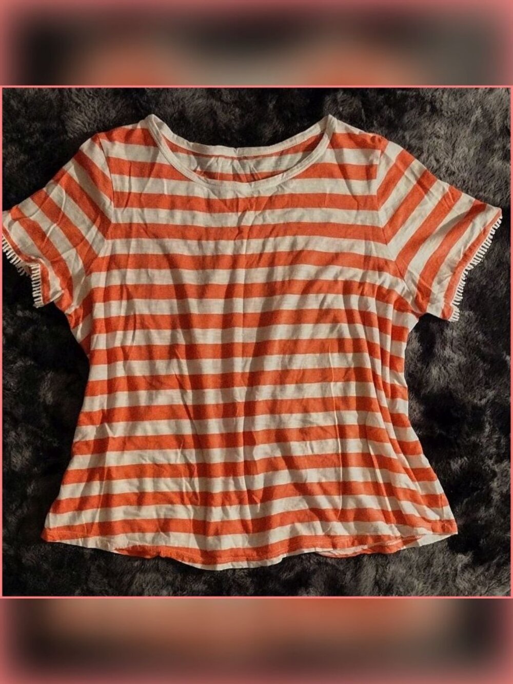 XXL Fringed Short Sleeve Coral & White Striped Crew Neck Top